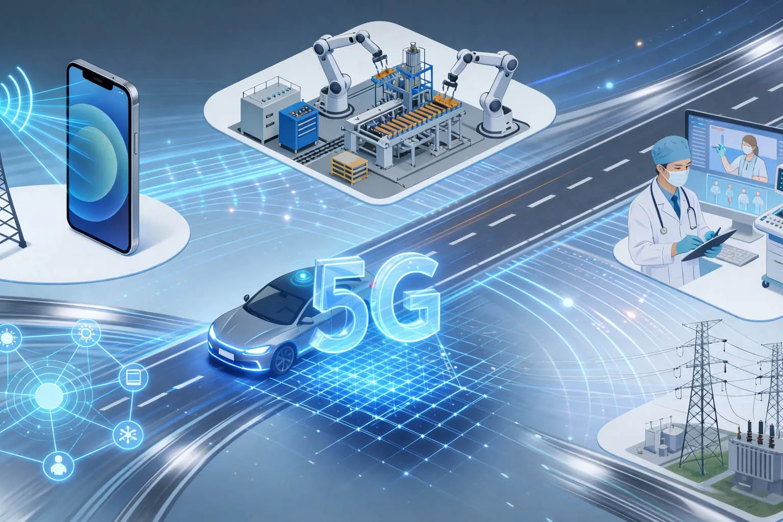 5G는 커버리지, 모빌리티, 용량 및 저지연이 함께 작동해야 하는 모바일 광대역, 스마트 산업, 운송, 의료, 공공 시설 및 대규모 IoT 환경 전반에 걸쳐 적용됩니다.