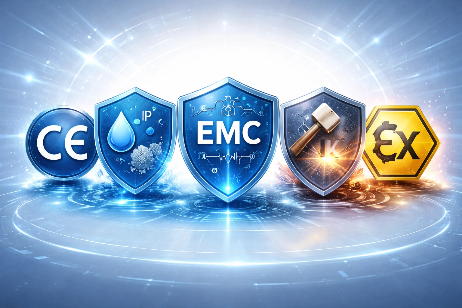 CE 마킹과 함께 IP 등급, EMC 적합성 및 ATEX 또는 애플리케이션별 등급을 보여주는 산업용 장치 라벨 예