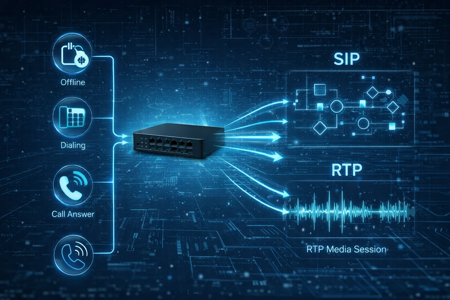 FXS 게이트웨이가 아날로그 전화 동작을 SIP 신호와 RTP 미디어로 변환하는 통화 흐름도