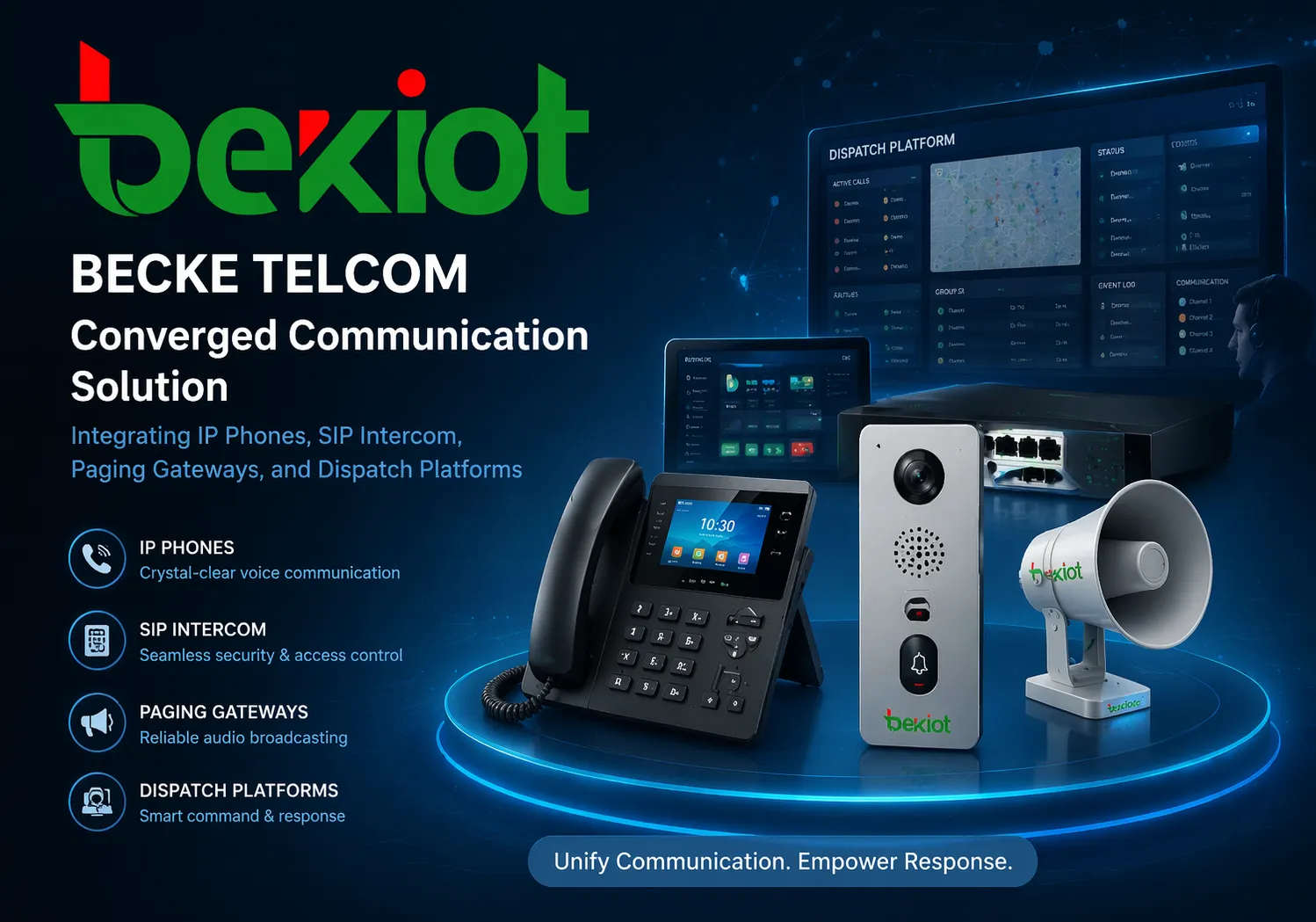 IP 전화, SIP 인터콤, 페이징 게이트웨이 및 디스패치 플랫폼을 통합하는 Becke Telcom 컨버지드 통신 솔루션
