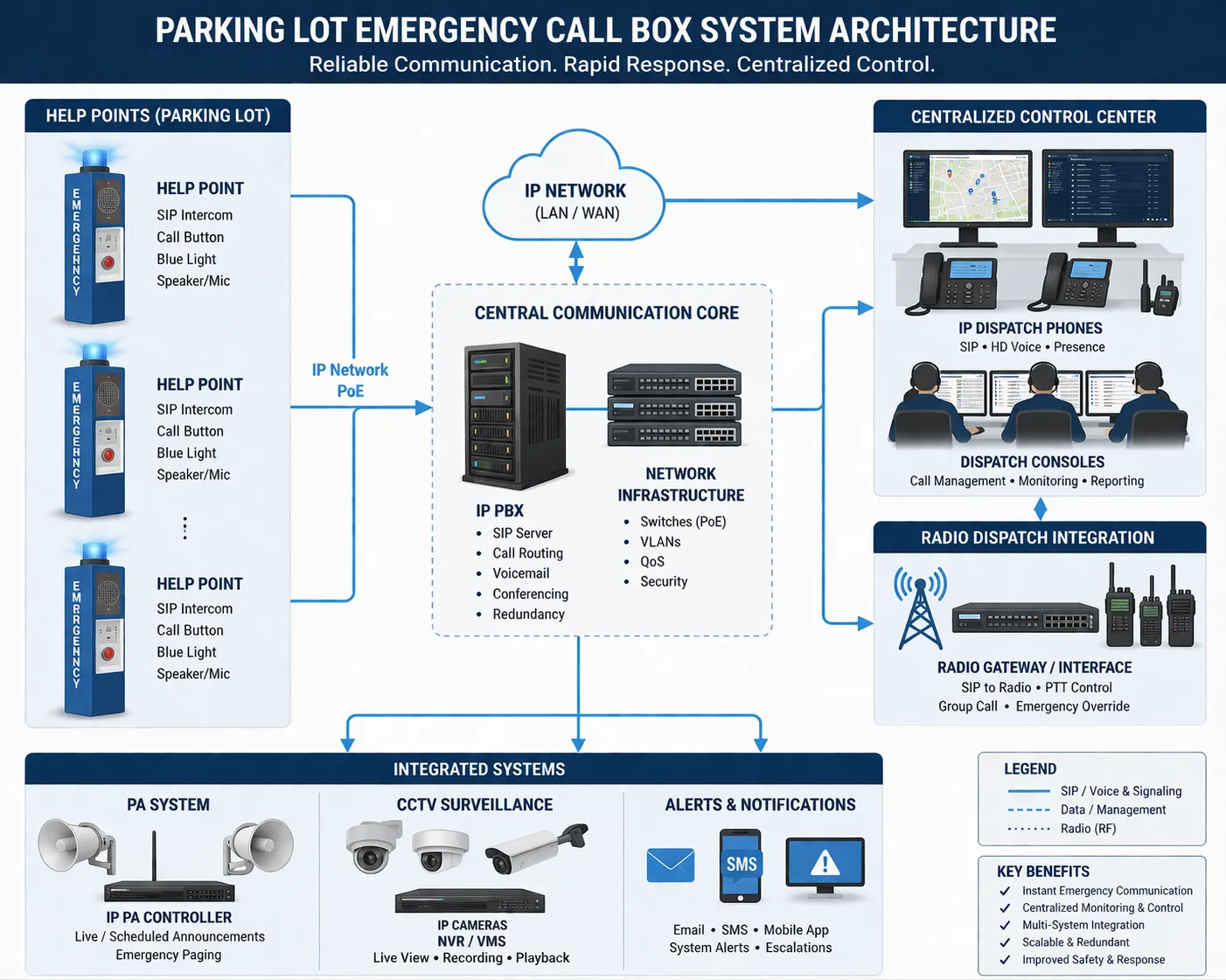 도움 지점, SIP 인터콤, IP PBX 전화, 무선 디스패치, PA 시스템, CCTV, 중앙 제어를 갖춘 주차장 비상 호출 박스 시스템 아키텍처