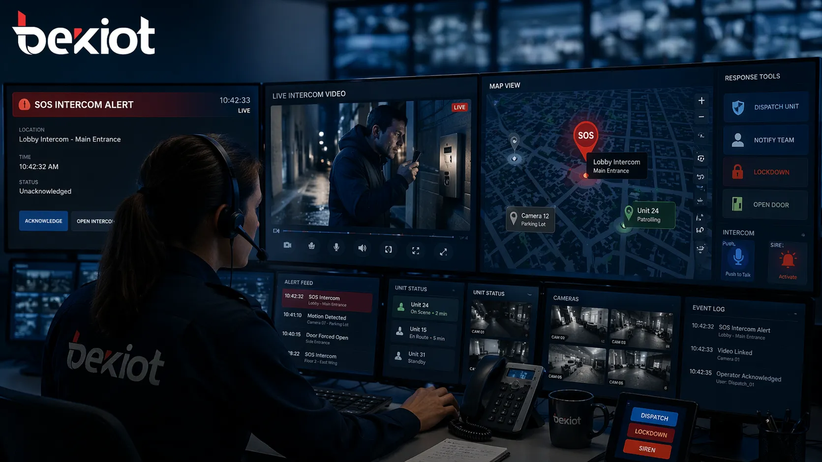 Control room operator receiving an SOS intercom event with linked video window, map display, and emergency response tools