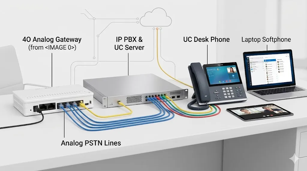 IP PBX 및 유니파이드 커뮤니케이션 플랫폼에 연결된 4O 아날로그 게이트웨이