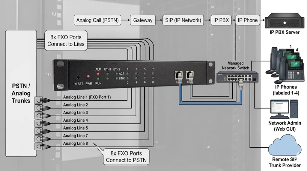 아날로그 중계선 및 SIP 네트워크 통합을 위한 IPGA-80 FXO 게이트웨이 정면도
