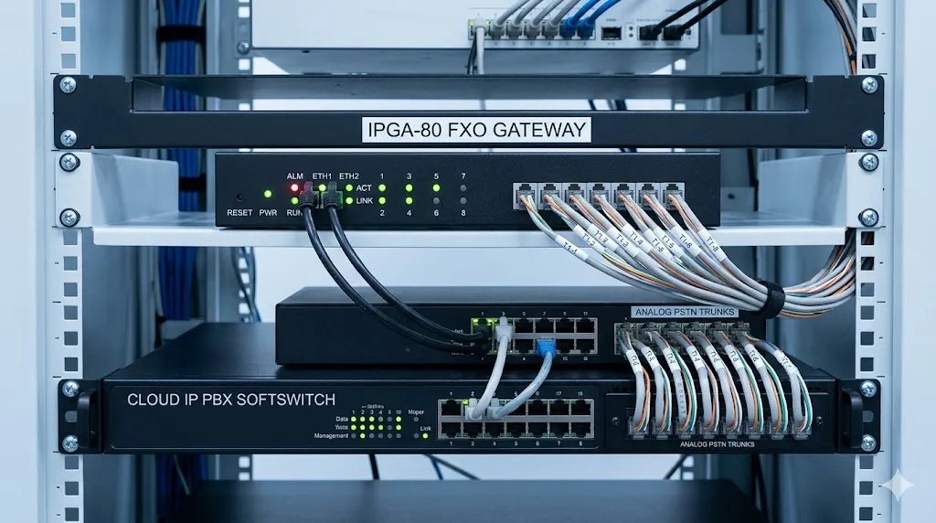 IP PBX, 소프트스위치 및 아날로그 중계선과 연결된 IPGA-80 FXO 게이트웨이