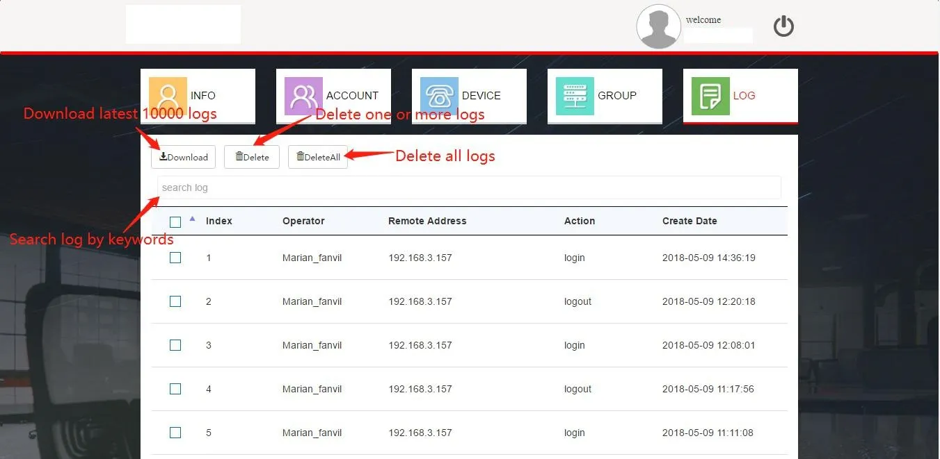 Log Management Interface