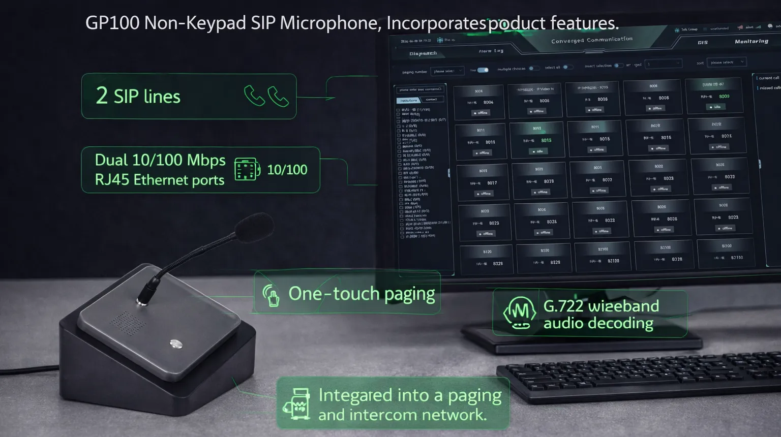 2개 SIP 라인, 듀얼 Ethernet, 원터치 페이징, G.722 광대역 오디오를 지원하는 GP100 SIP 페이징 마이크