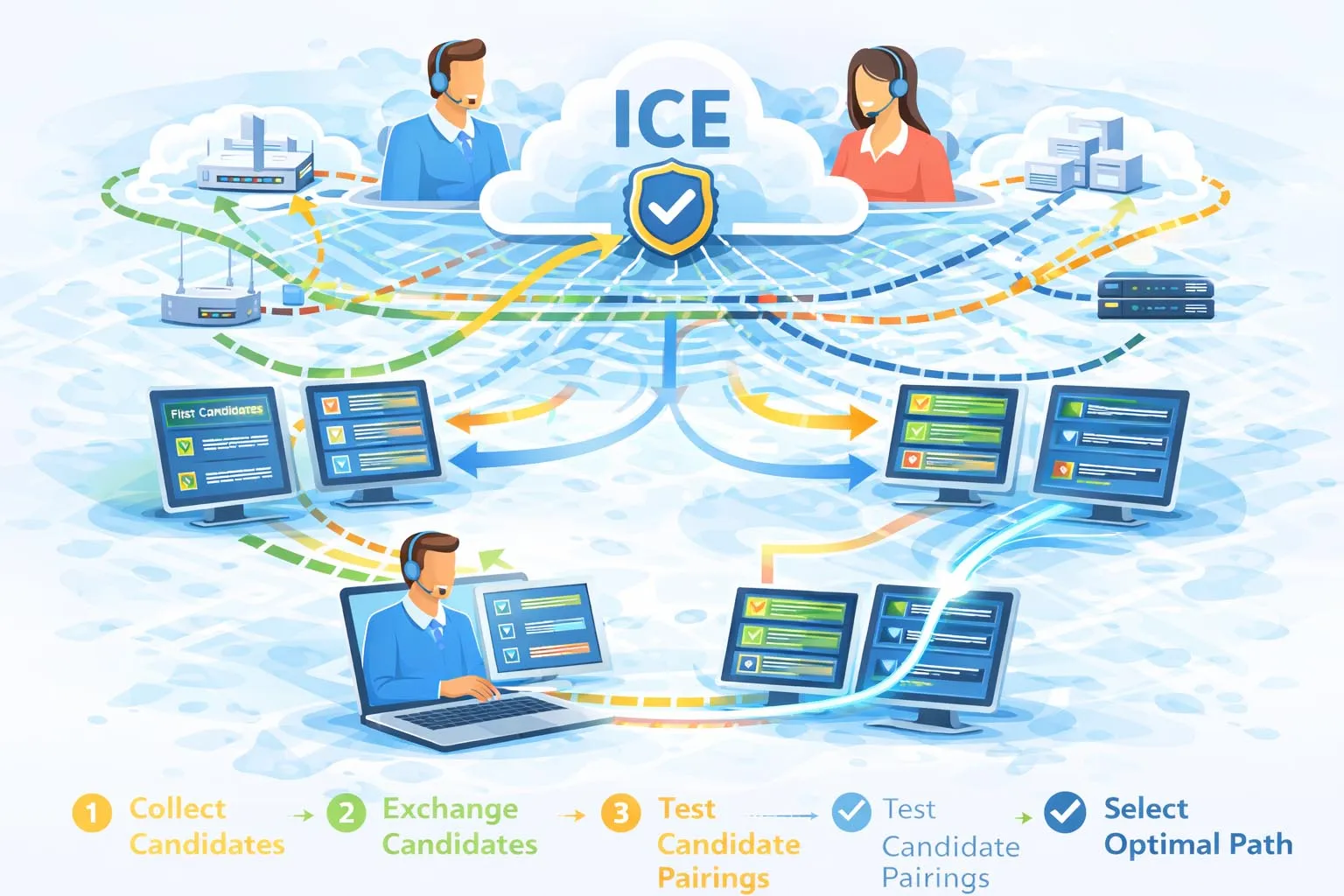 호스트, 서버 반사, 릴레이 후보 전반의 ICE 후보 수집, 교환, 연결성 검사 및 지명 과정