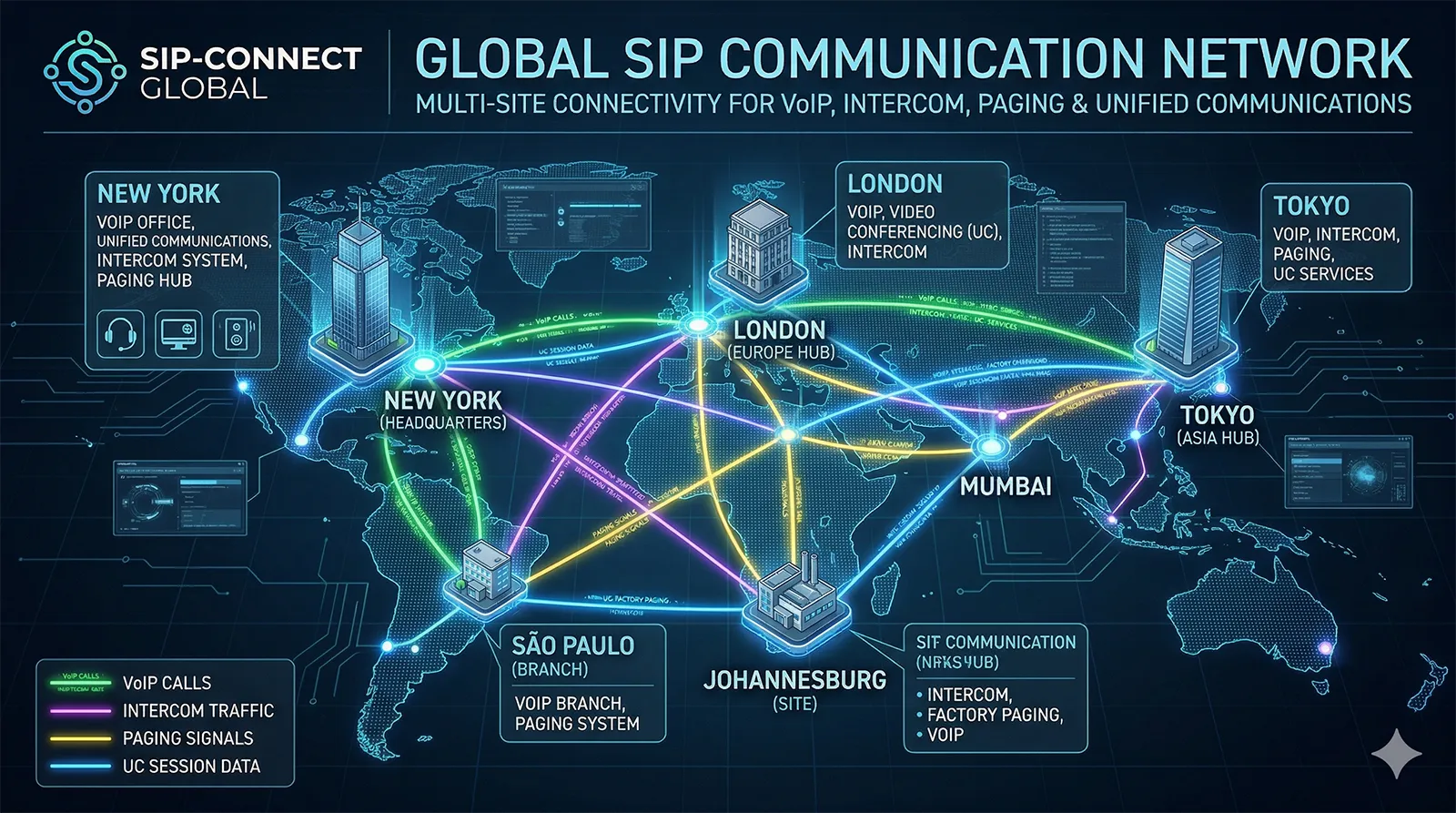 VoIP, 인터콤, 페이징 및 통합 커뮤니케이션을 위한 다중 사이트 연결을 보여주는 글로벌 SIP 통신 네트워크