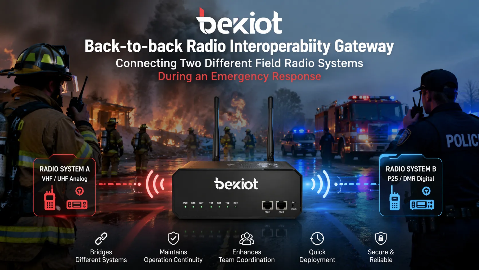 Back-to-back radio interoperability gateway connecting two different field radio systems during an emergency response