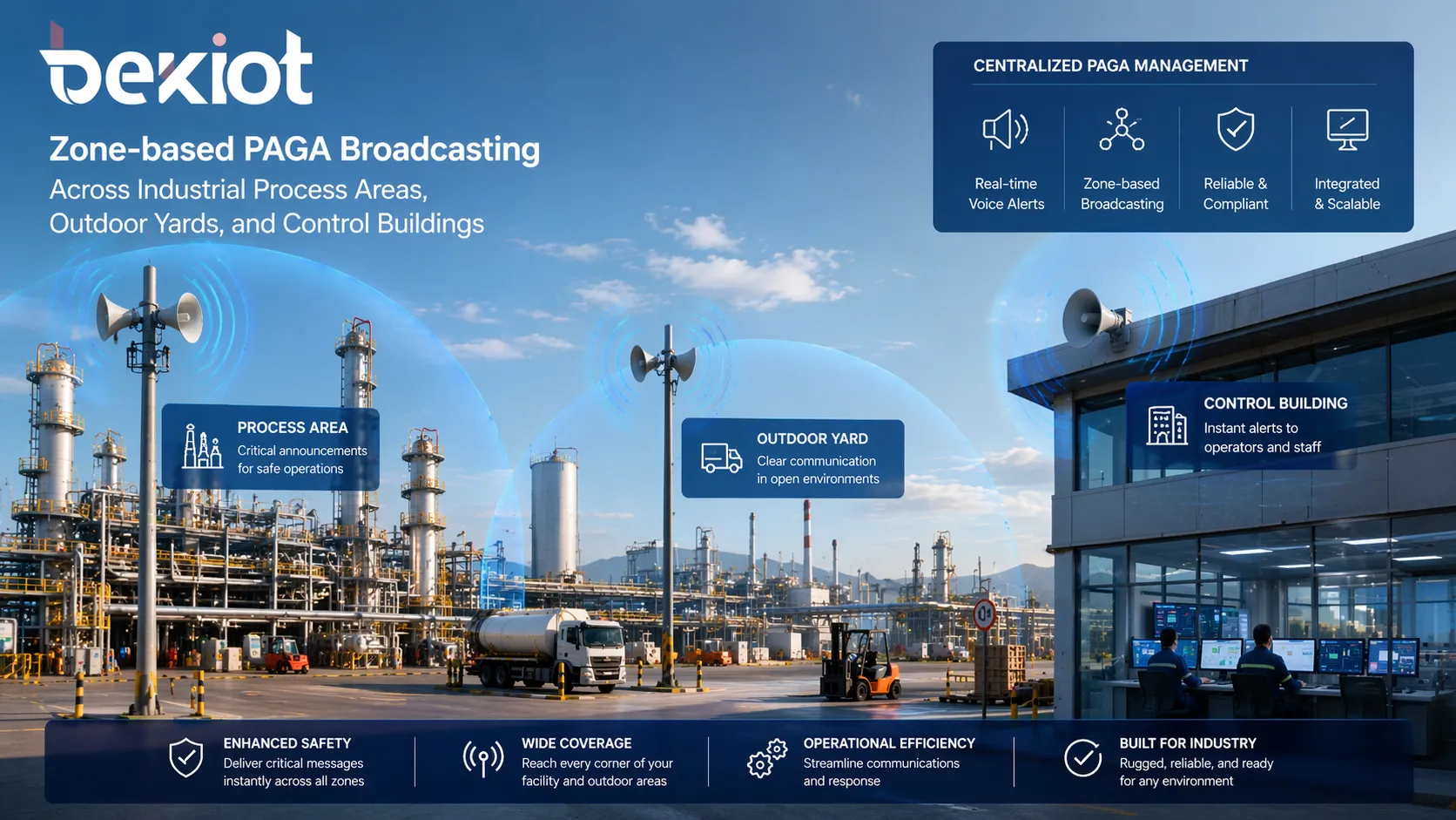 Zone-based PAGA broadcasting across industrial process areas, outdoor yards, and control buildings