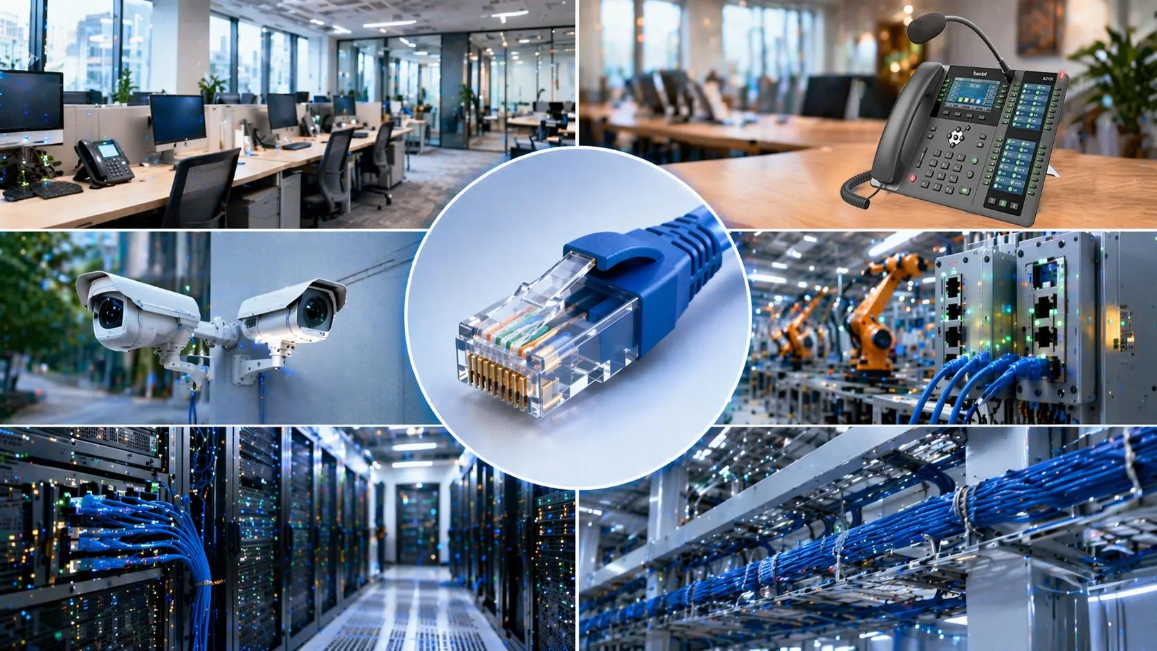 RJ45 커넥터가 있는 이더넷 케이블이 사무실 네트워킹 장비에 연결됨