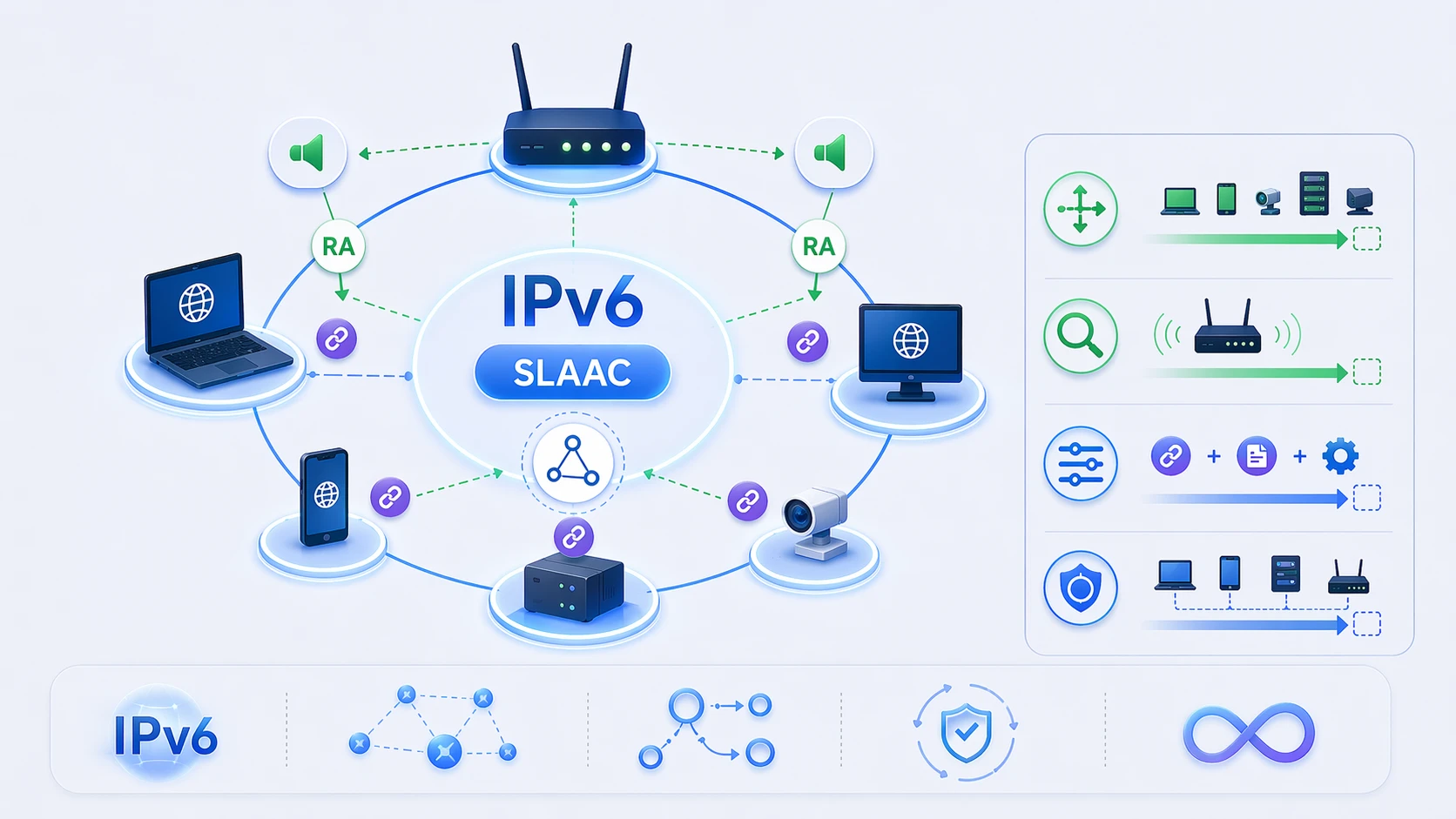 자동 호스트 구성 수동 작업 감소 확장 가능한 주소 생성을 보여 주는 IPv6 SLAAC 장점