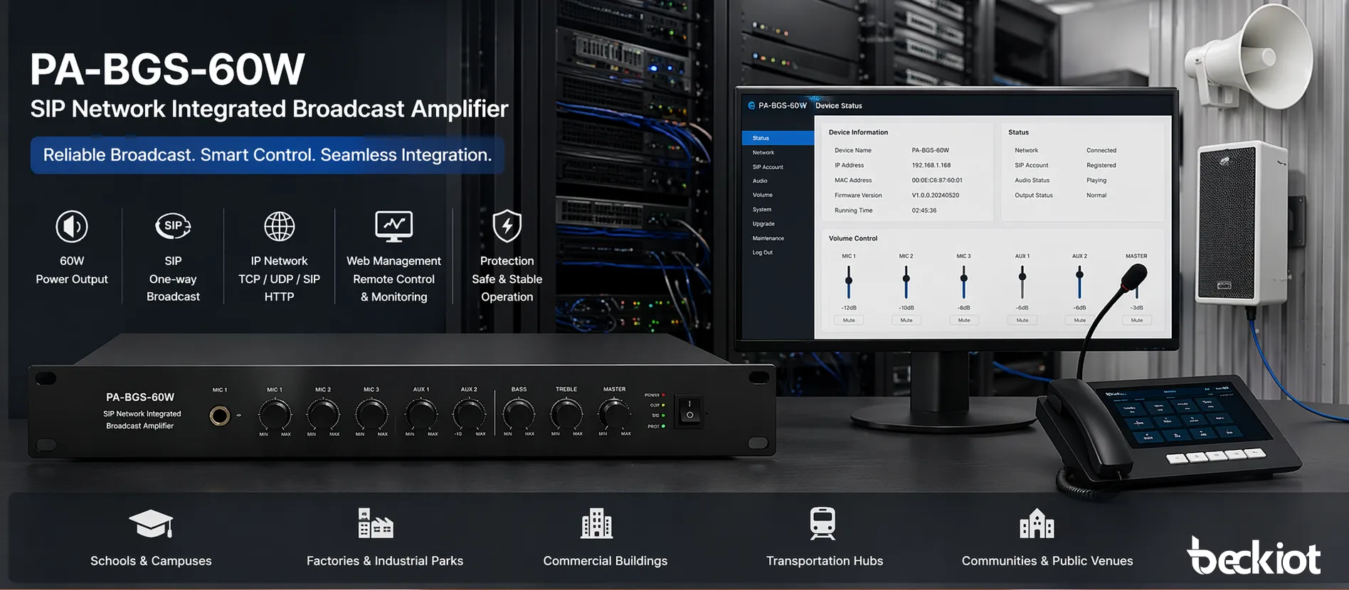 PA-BGS-60W connected with network dispatch console, SIP paging system, and remote management platform