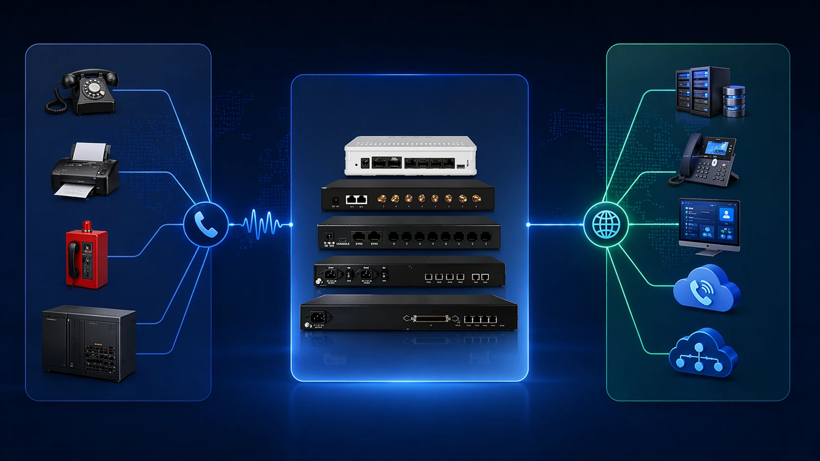 아날로그 엔드포인트, PSTN 또는 PBX 트렁크, 게이트웨이 처리 계층, SIP 서버 및 IP 네트워크를 보여주는 VoIP 게이트웨이 네트워크 구조
