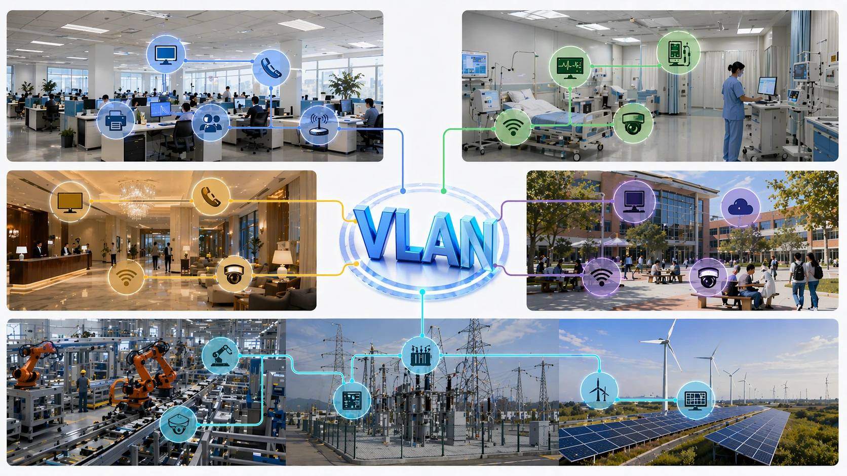 기업 사무실, 캠퍼스 Wi-Fi, 병원, 감시 시스템, 산업 제어 네트워크에서 사용되는 VLAN 세분화