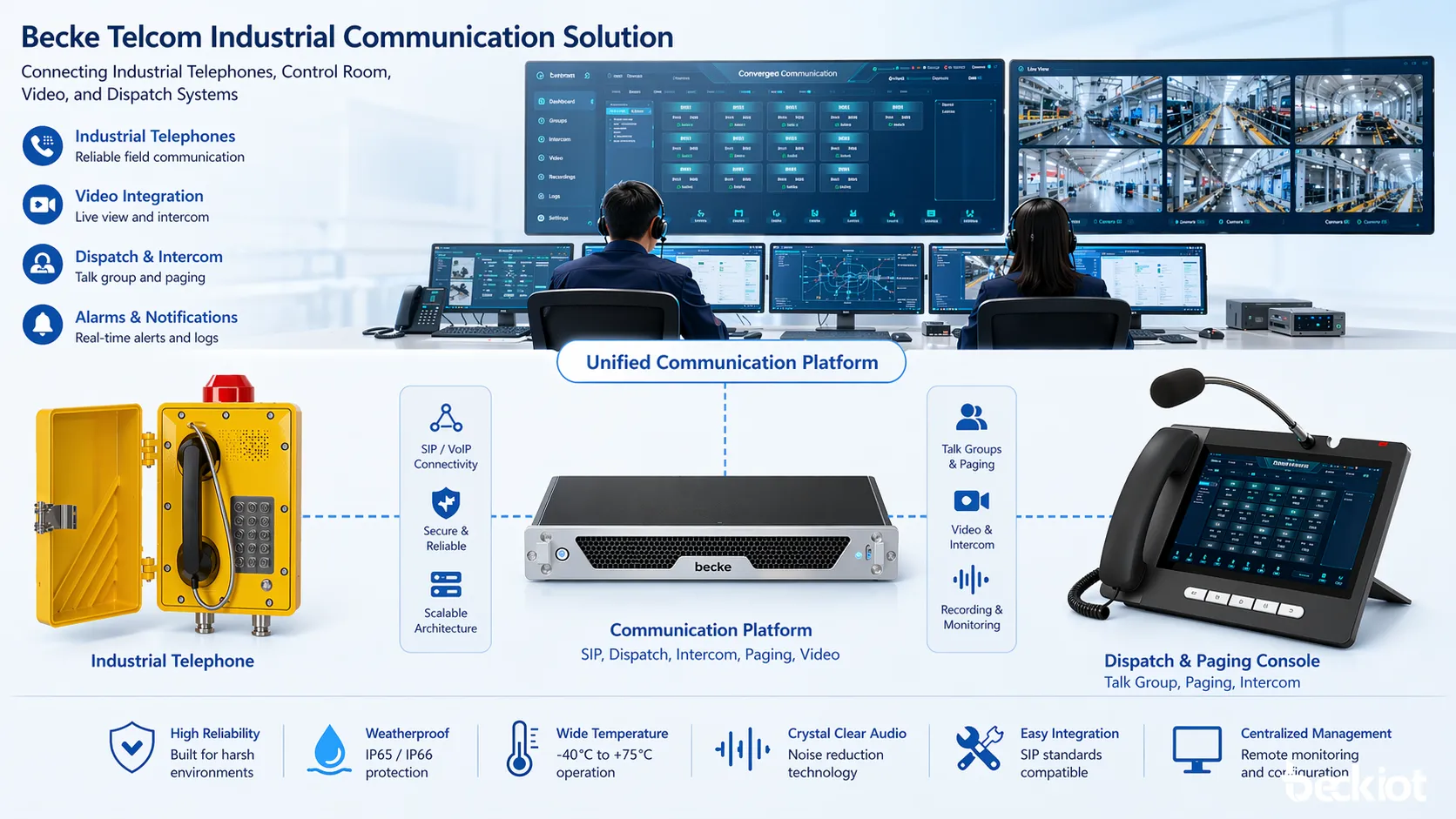 Becke Telcom 산업 통신 솔루션이 산업용 전화기를 관제실 영상 및 디스패치 시스템과 연결