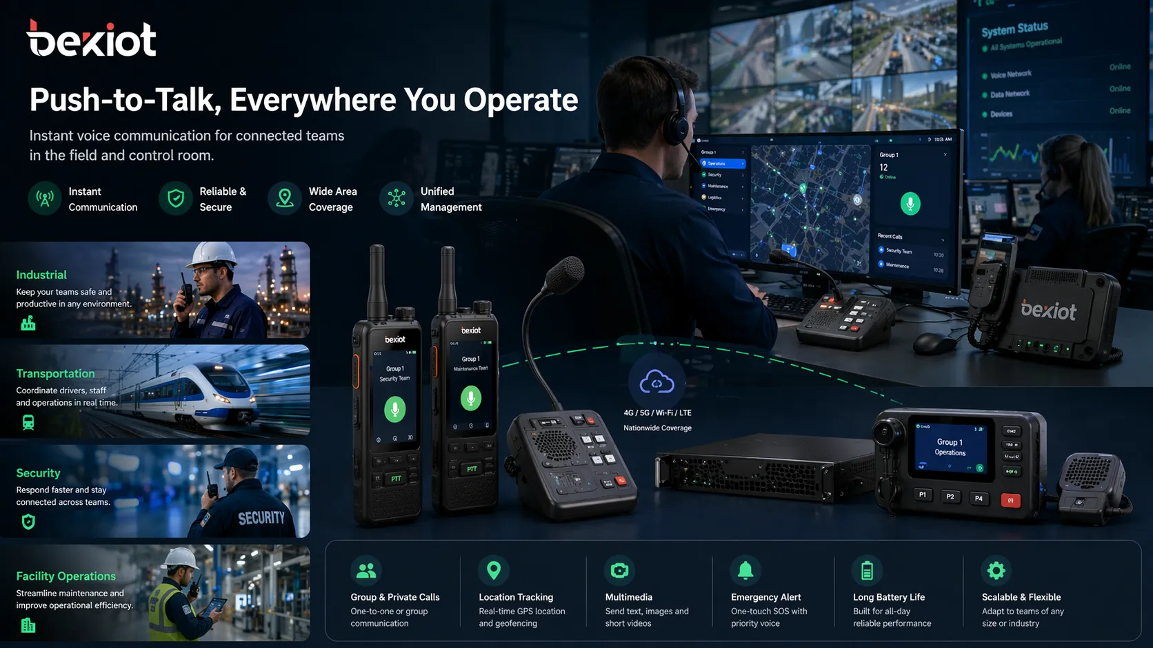 산업, 운송, 보안 및 시설 운영에서 현장 팀과 디스패치 인력을 연결하는 Push-to-Talk