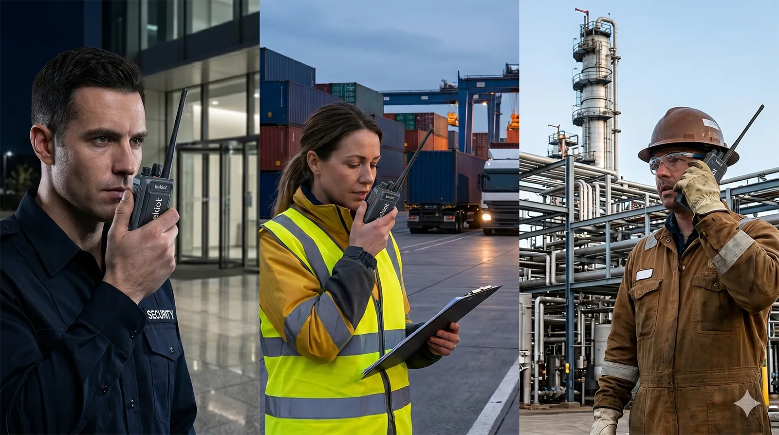 Becke Telcom Push to Talk 휴대용 무전기가 보안, 운송 및 산업 운영 현장 팀에서 사용되는 모습