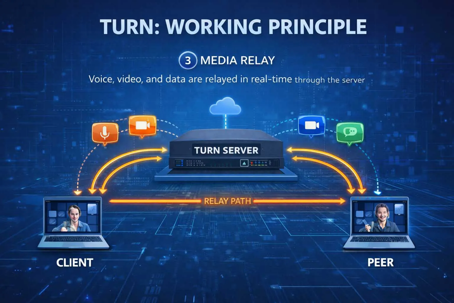 다양한 애플리케이션 시나리오에서 TURN 서버를 통해 릴레이되는 음성, 비디오 및 실시간 데이터 세션