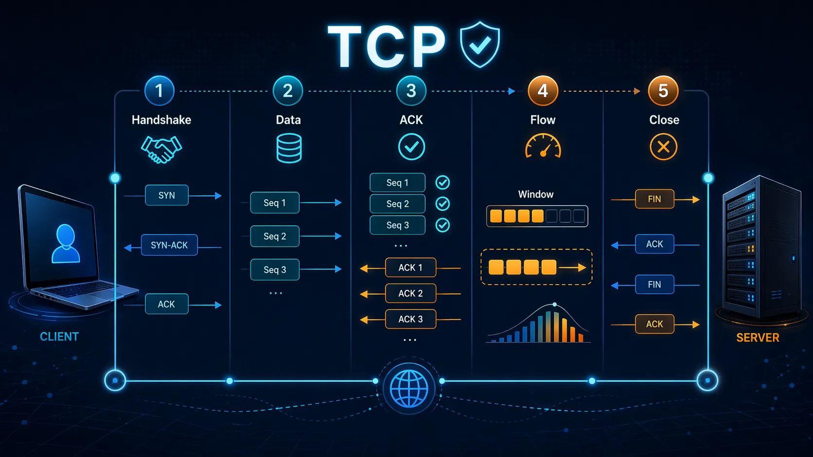 TCP 핸드셰이크 후 순서에 맞는 세그먼트 전송 및 확인 응답 교환 예시
