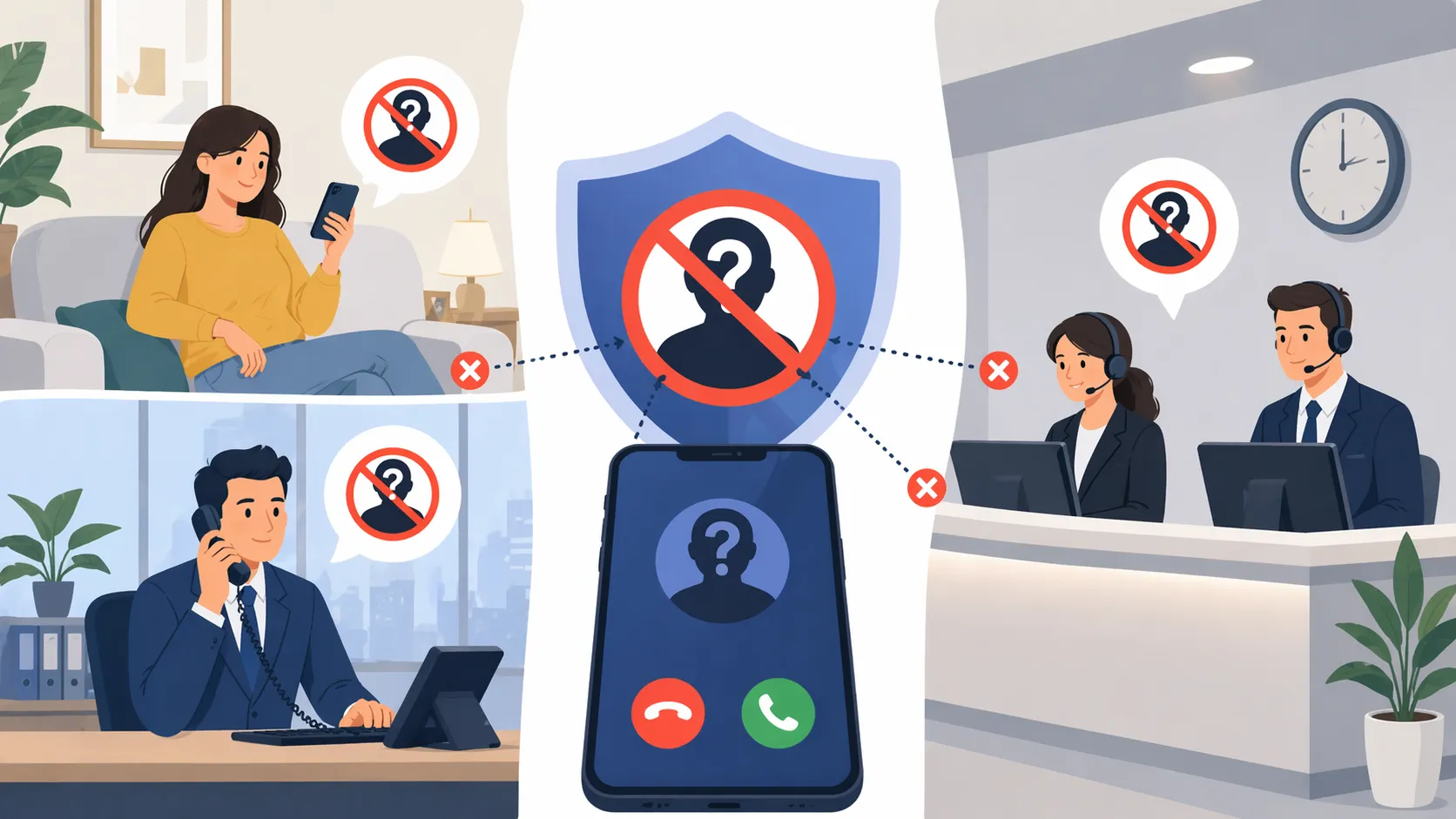 사무실 데스크폰이 익명 발신 거부를 사용하여 비공개 번호 전화가 직원을 방해하는 것을 방지하는 모습