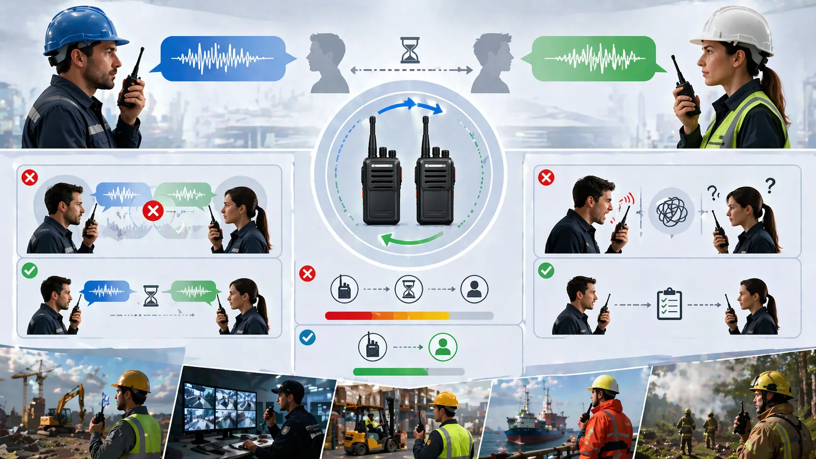 현장 작업에서 사용자들이 공유 채널을 통해 한 번에 하나씩 전송하는 반이중 통신