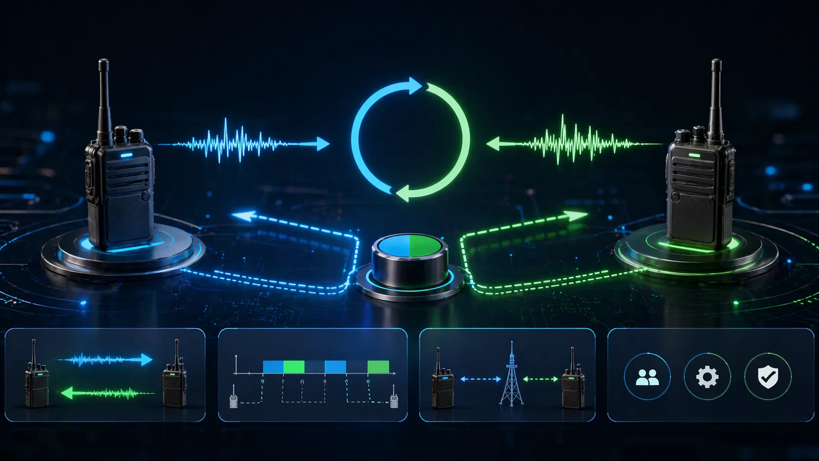 전이중, 반이중, 송수신 상태 간 전환을 보여주는 듀플렉스 모드 전환 개념도