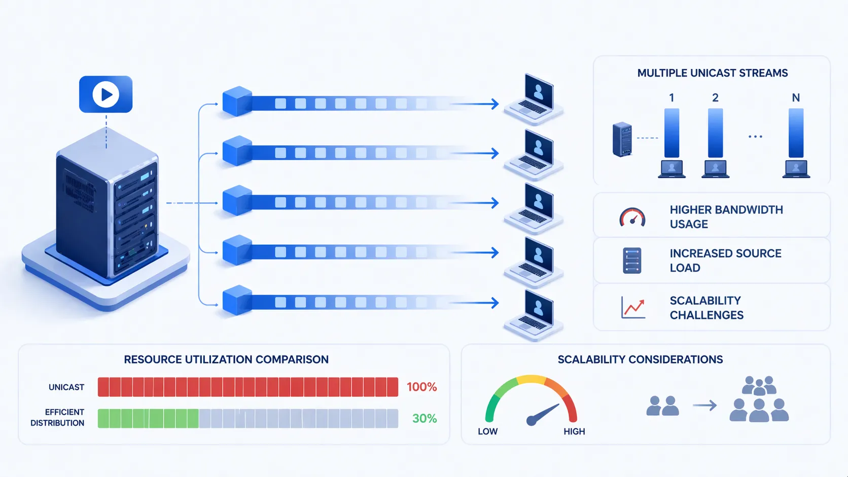 하나의 소스가 많은 수신자에게 여러 개의 개별 스트림을 보내는 유니캐스트 확장 예시