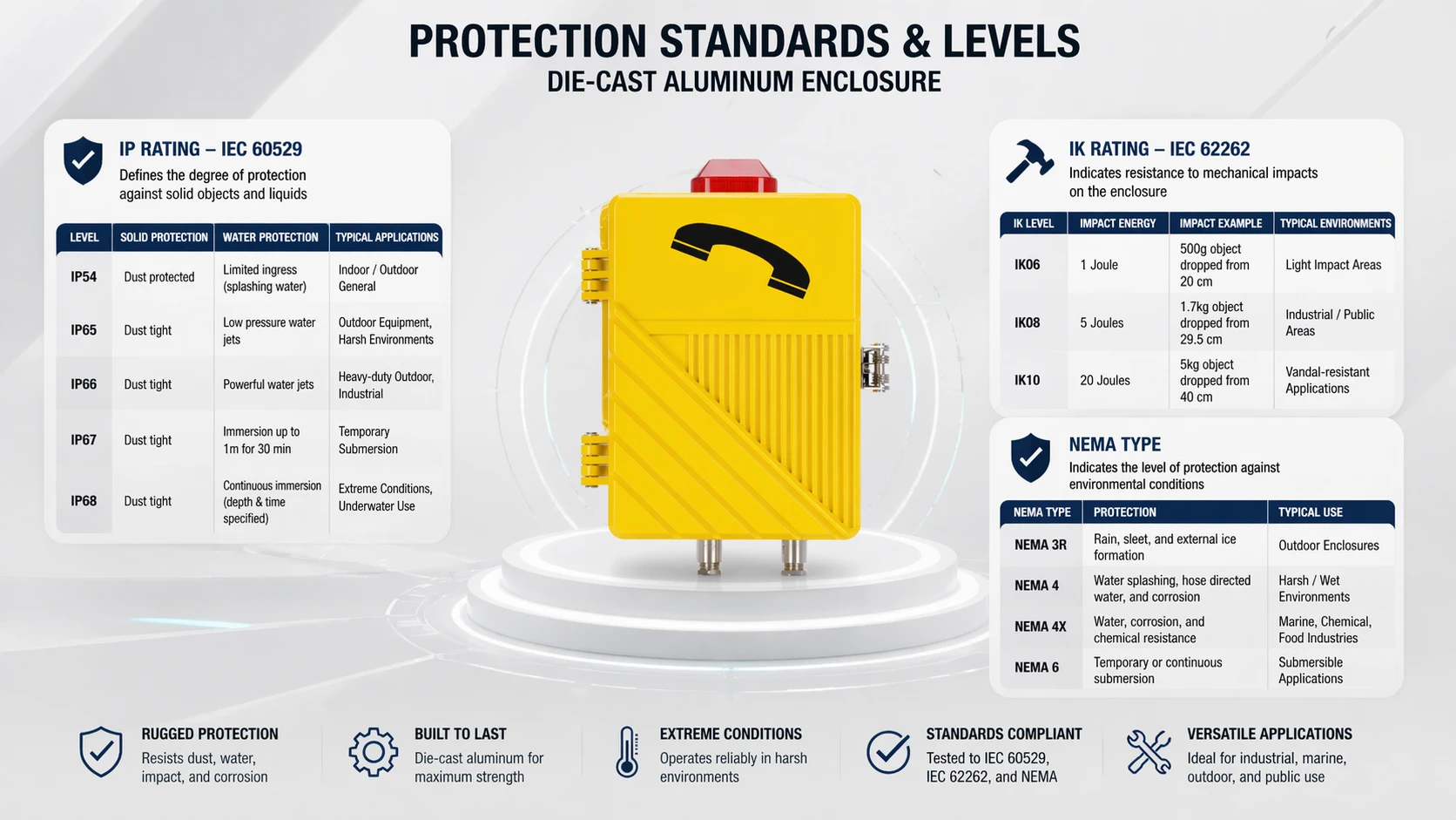 IP 침입 방지, IK 충격 저항, NEMA 타입을 강조한 다이캐스트 알루미늄 함체