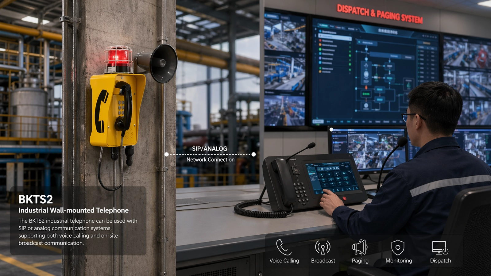 배치 및 방송 시스템에 연동되는 BKTS2 SIP/아날로그 산업용 벽걸이 전화기