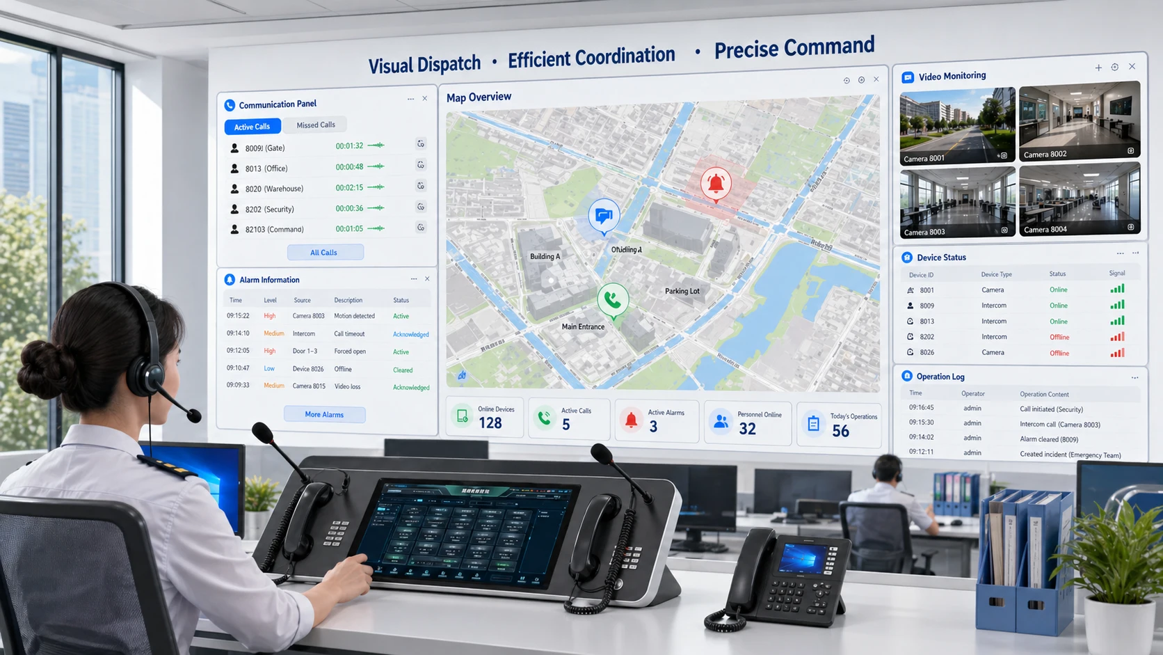 지도 기반 제어, 실시간 비디오, SIP 통신 패널 및 알람 창을 보여주는 시각적 종합관제 시스템