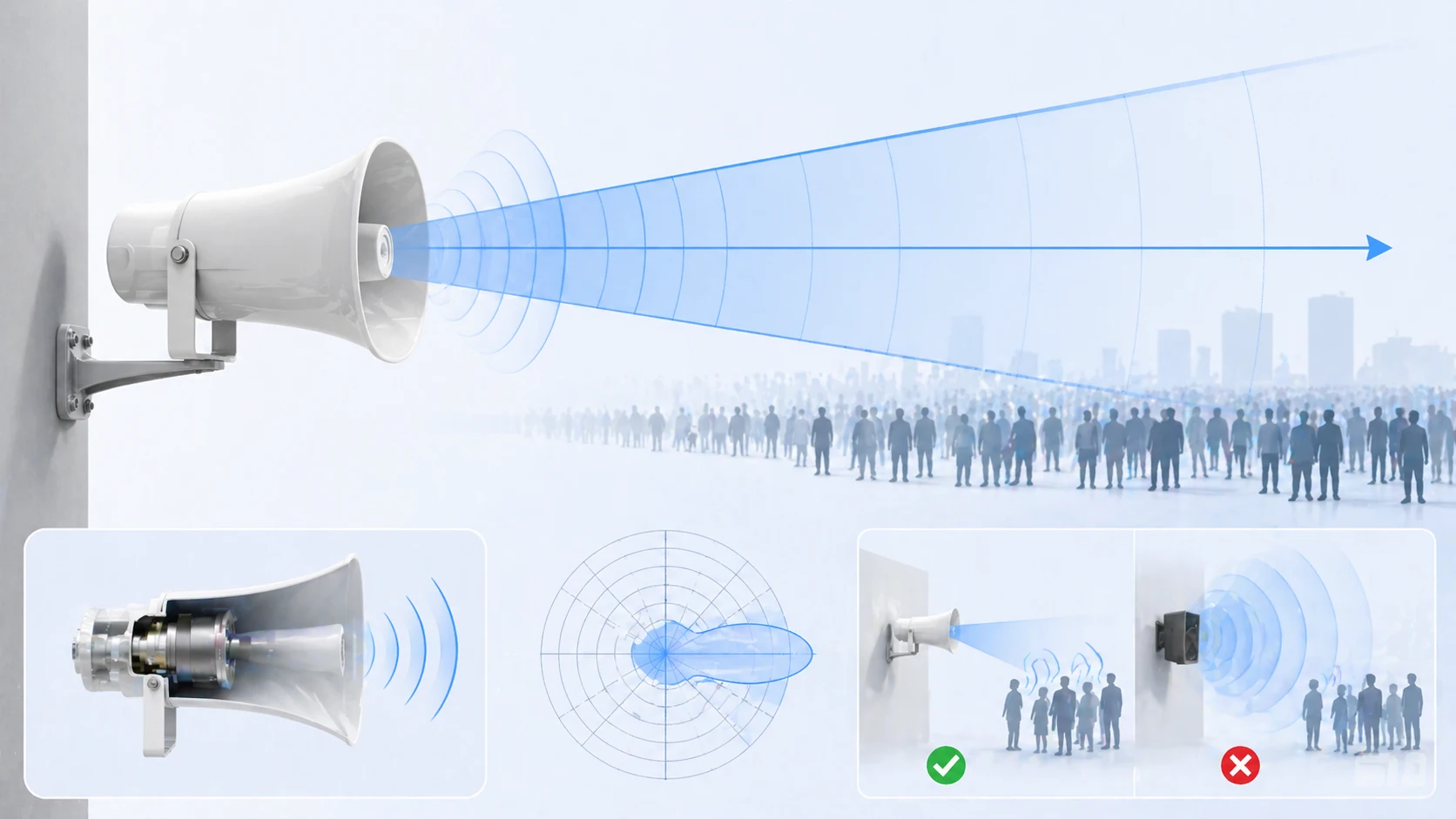 야외 현장에서 지향성 음향 투사와 고효율 음성 커버리지를 보여주는 혼 스피커