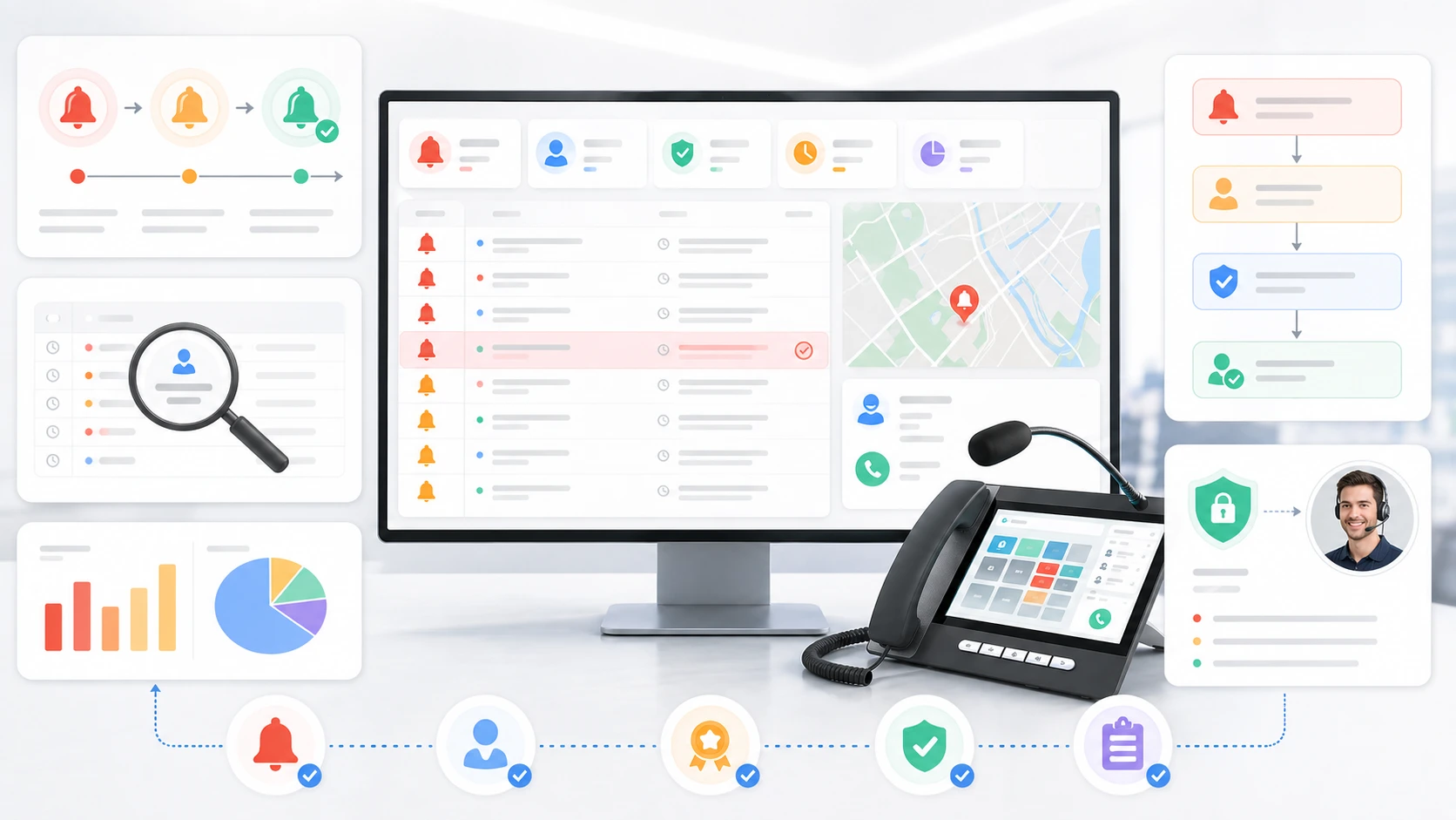 가시적인 알람 상태, 운영자 추적성 및 대응 워크플로 도구를 보여주는 알람 확인 기능