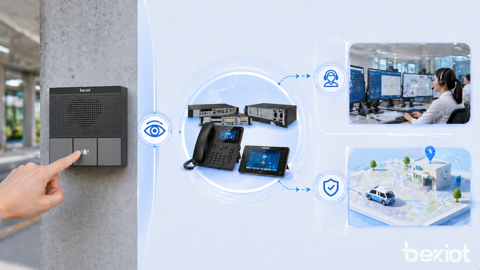 캠퍼스 도움 지점, 교통 터미널, 산업 작업 영역 및 비상 통신 스테이션 전반의 호출 버튼 배치