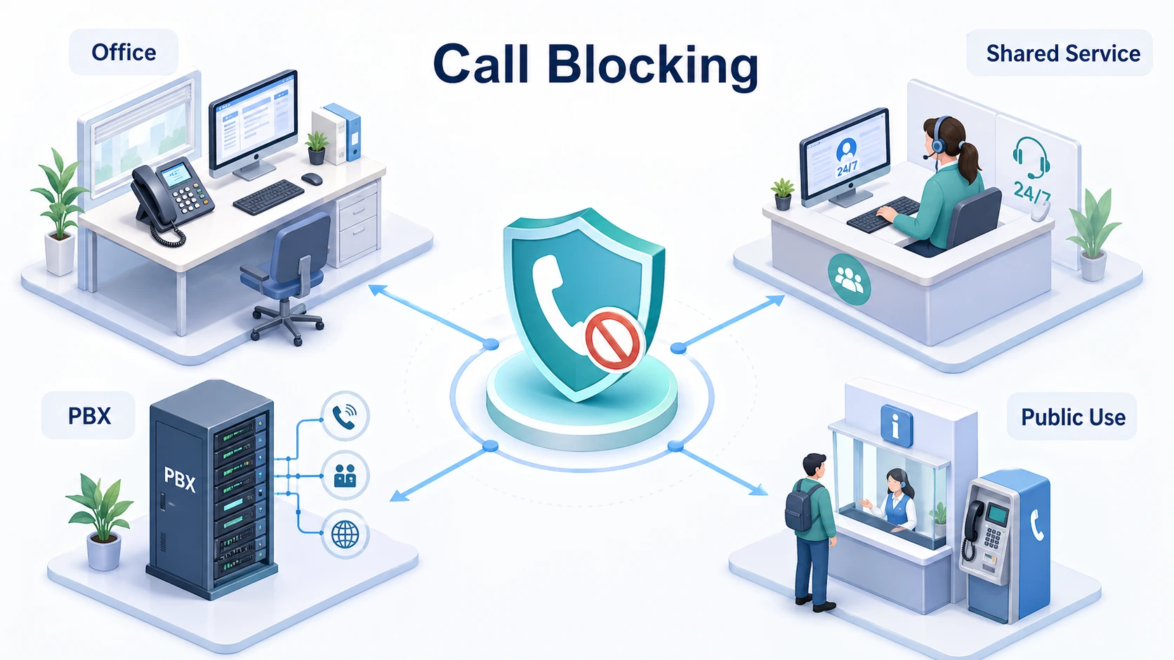 사무실 전화, 고객 서비스 회선, 공유 PBX 시스템, 정책 제어형 기업 전화 환경에서 사용되는 통화 차단