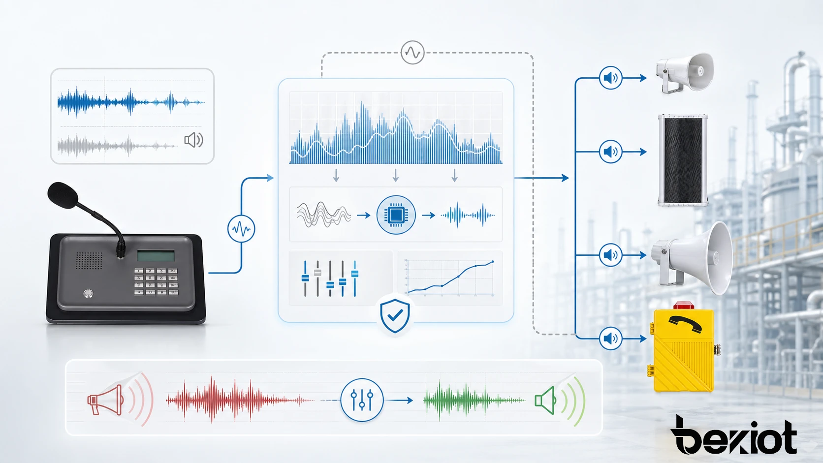 자동 피드백 감지, 적응형 필터링, 게인 제어, 명확한 음성 보존을 보여주는 하울링 억제 기능