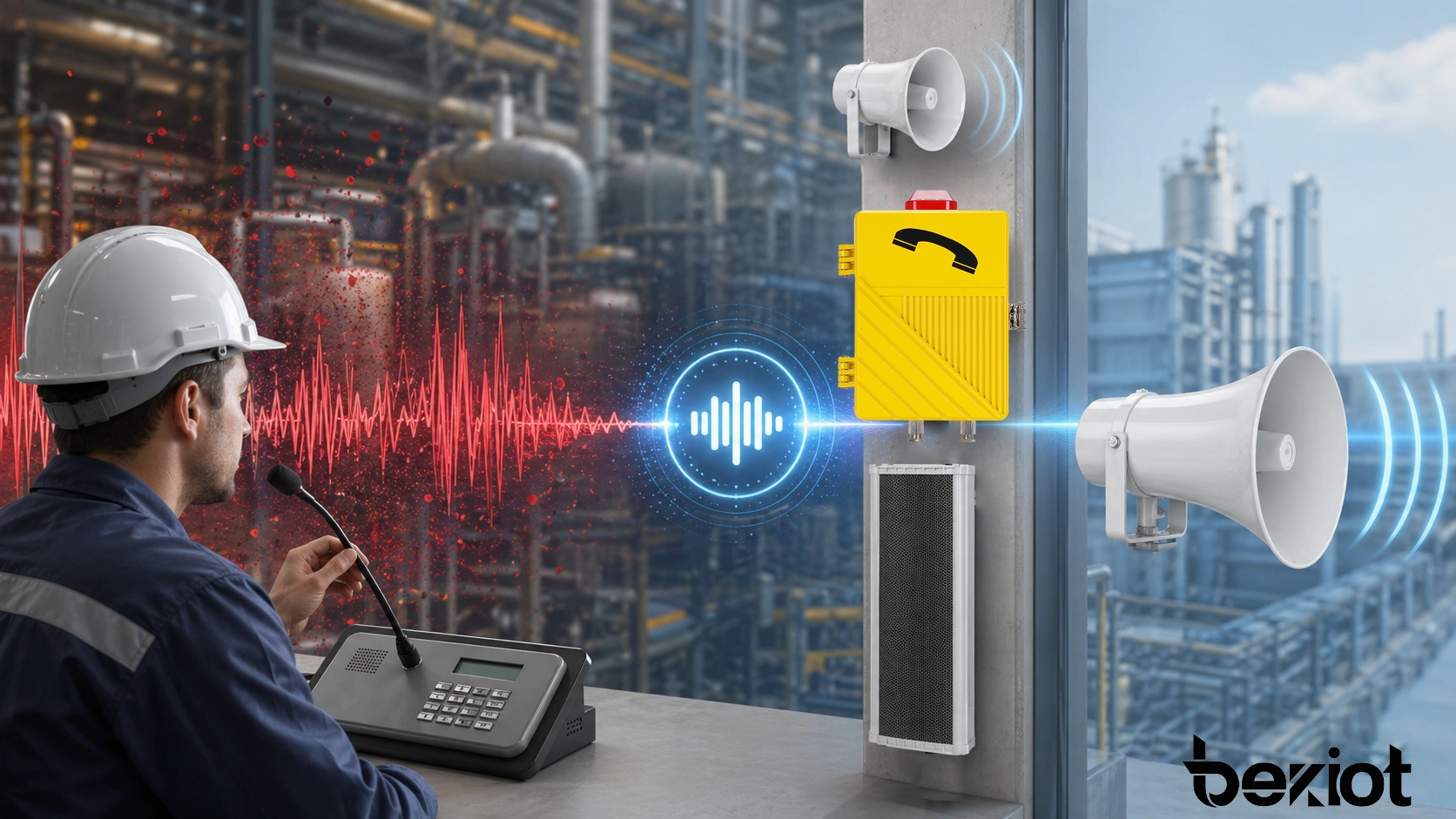 비즈니스 및 산업 통신 시스템에서 배경 소음은 줄이고 선명한 음성은 유지하는 노이즈 리덕션 NR 개념도