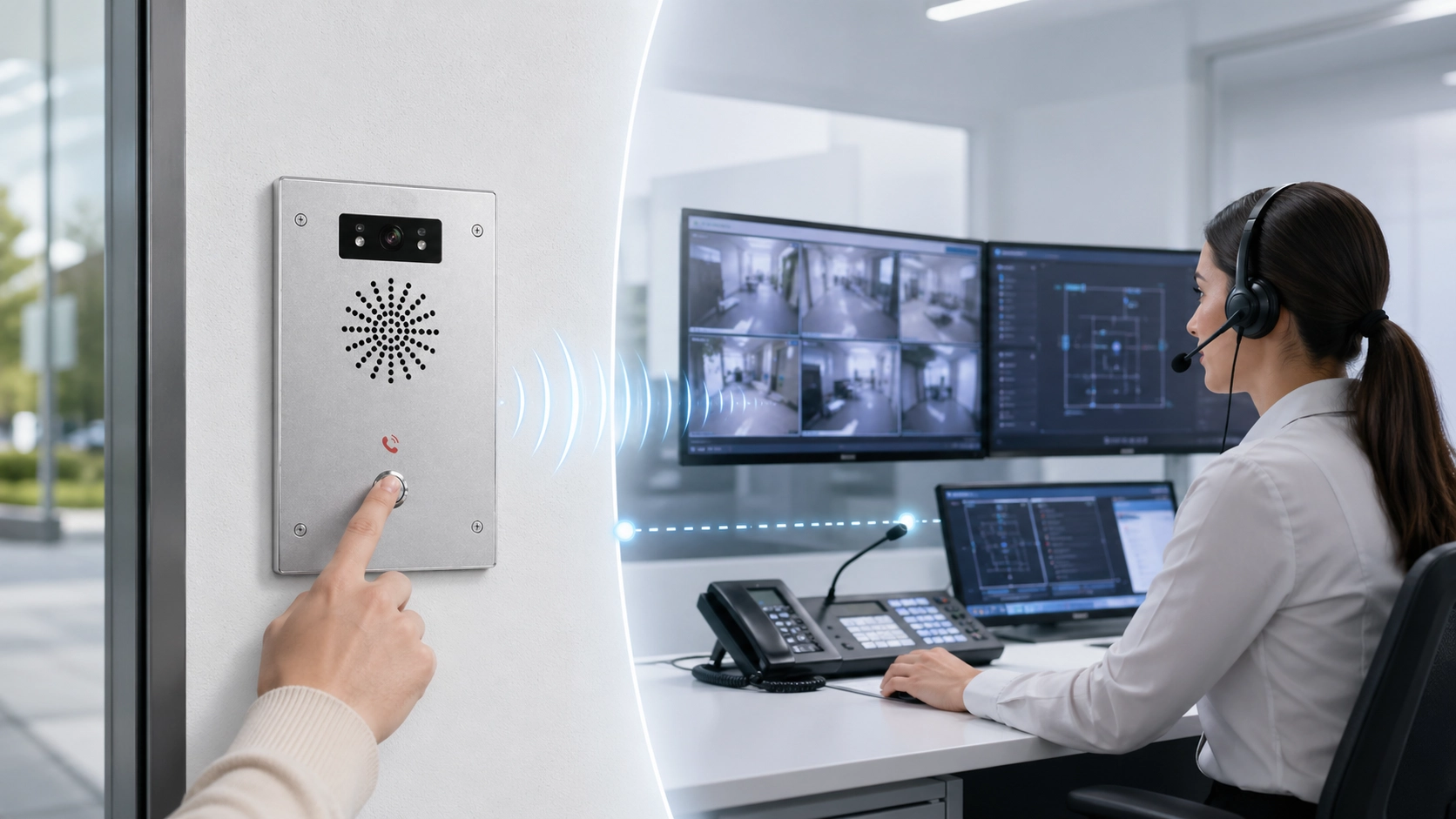 관제실 운영자가 양방향 음성 시스템을 통해 현장 인터컴 사용자에게 응답하는 Talkback 통신 개념