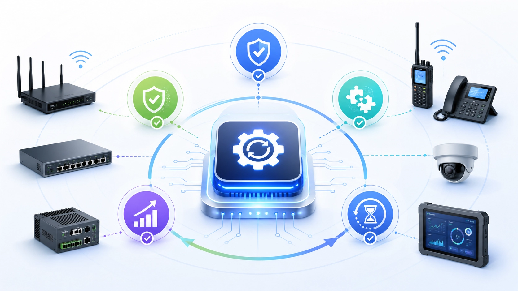 장치 안정성 개선, 보안 패치, 호환성 업데이트, 기능 최적화를 보여주는 펌웨어 업그레이드 이점