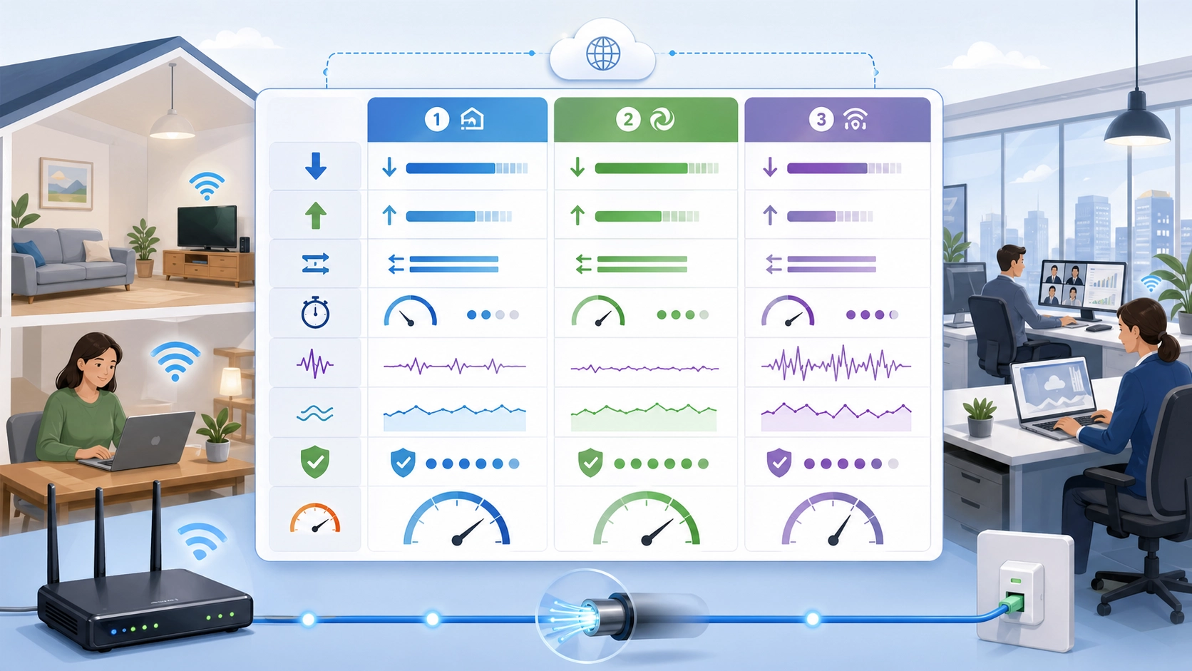 다운로드 속도, 업로드 속도, 지연 시간, 일관성 및 네트워크 신뢰성 메트릭을 보여주는 고정 광대역 제공자 비교