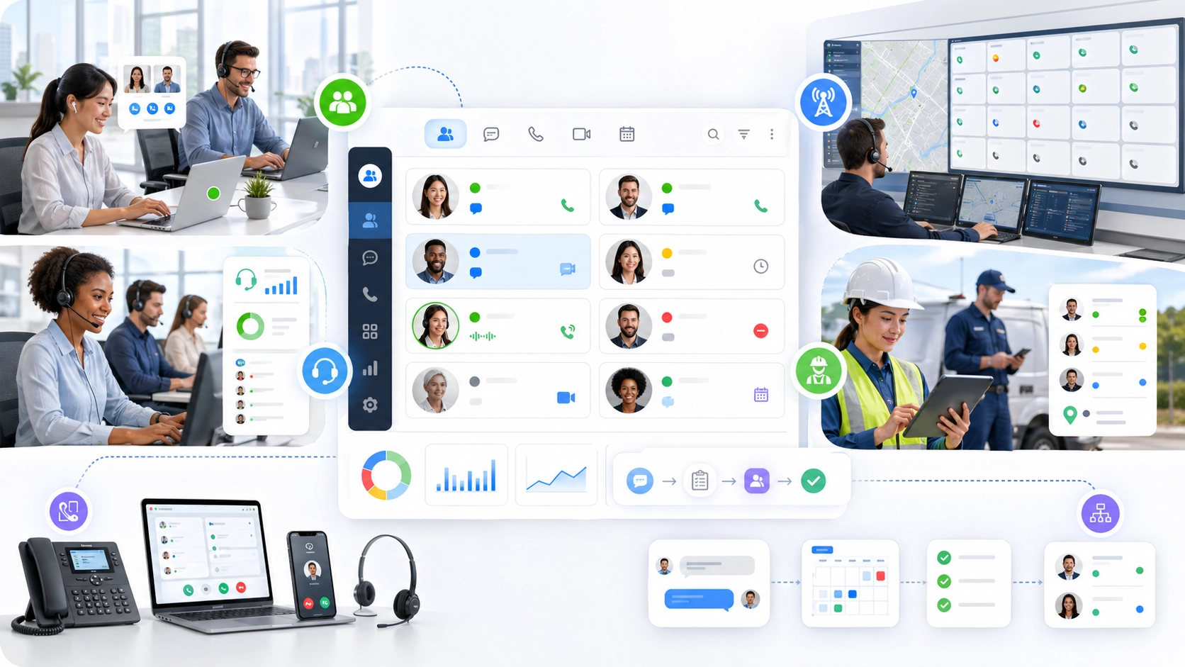 통합 커뮤니케이션 통화 처리 인터페이스에서 Presence가 통화 라우팅 전환 판단 운영자 가용성을 개선하는 모습
