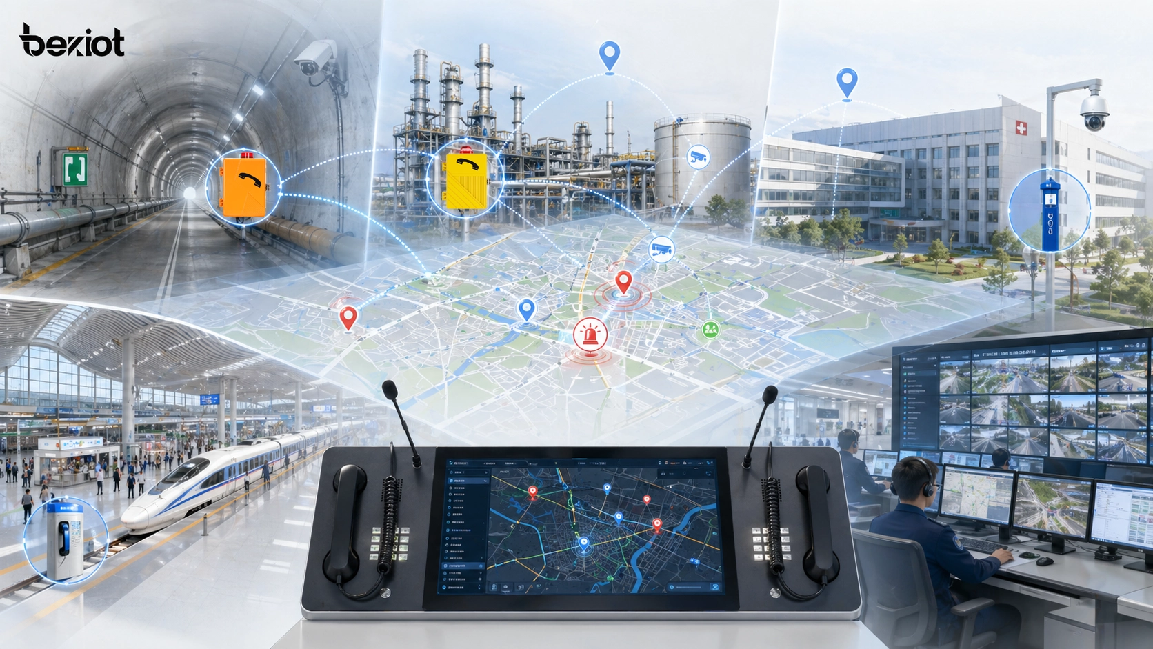 터널, 산업 현장, 캠퍼스, 병원, 교통 허브 및 공공 안전 관제실 전반의 지도 기반 디스패칭 적용 분야