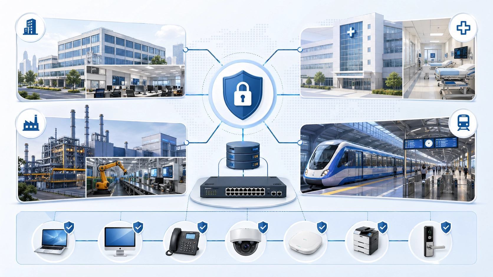 기업 사무실, 캠퍼스 네트워크, 병원, 산업 현장, 교통 시스템, IP 전화, 카메라 및 액세스 스위치에서의 802.1X 적용