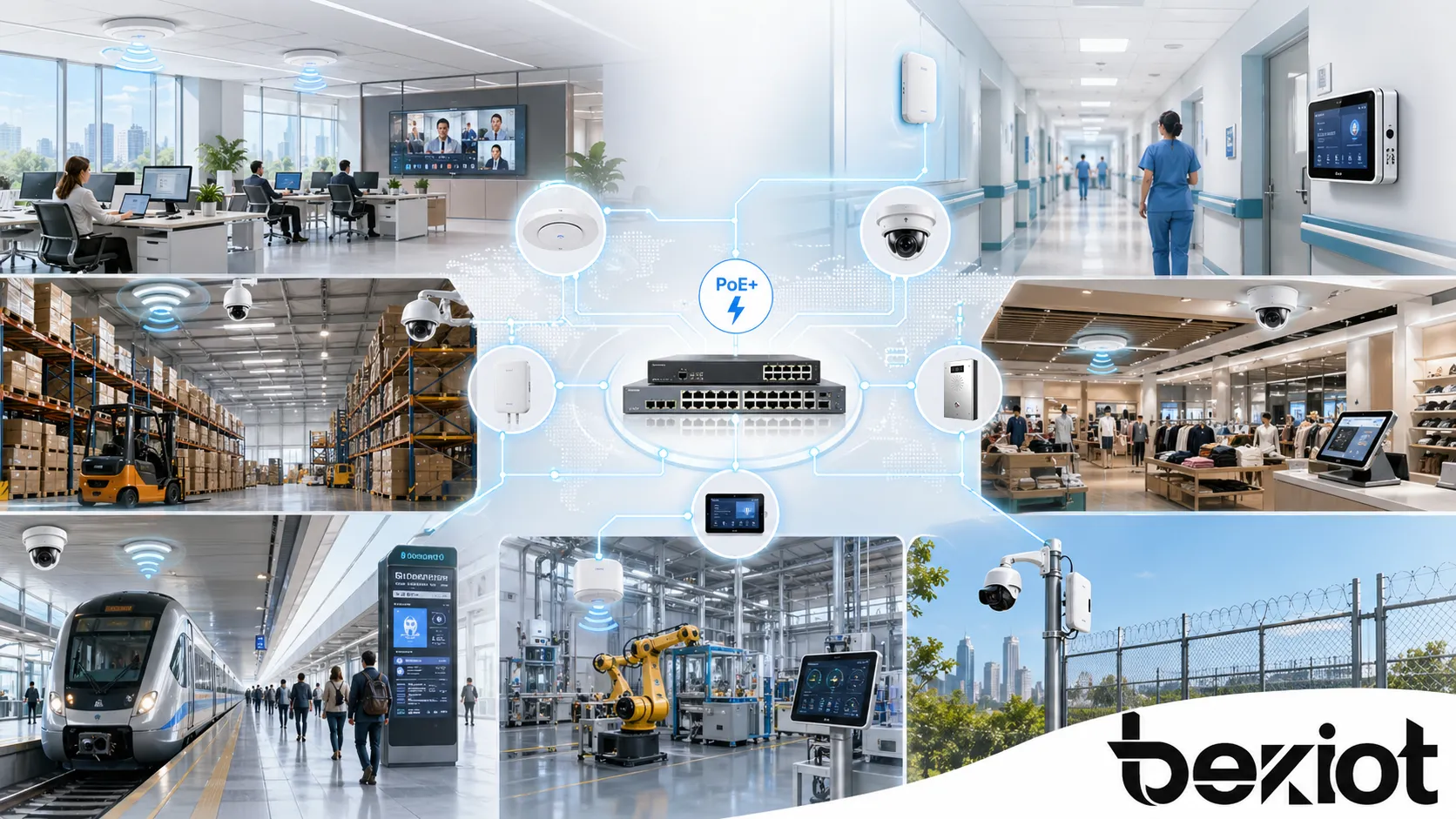 PoE+ 응용 분야: 사무실, 캠퍼스, 병원, 창고, 소매점, 교통 시설, 산업 시설, 야외 보안 네트워크