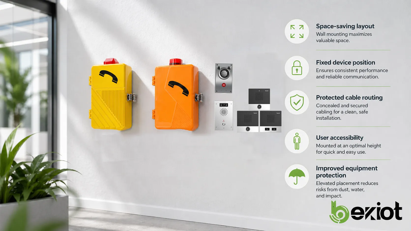 공간 절약 레이아웃, 고정 장치 위치, 보호된 케이블 배선, 사용자 접근성, 장비 보호를 보여주는 벽면 설치 특징