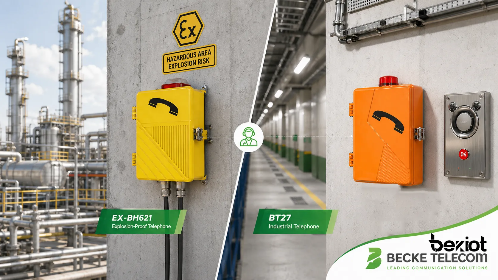 위험 구역과 산업 시설 통신 환경에 설치된 Becke Telcom 벽면 설치형 EX-BH621 방폭 전화기와 BT27 산업용 전화기