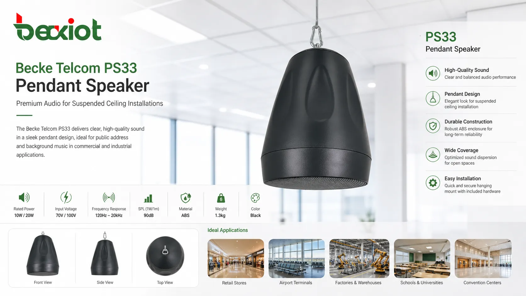 천장 매달림 오디오 설치용 Becke Telcom PS33 Pendant Speaker