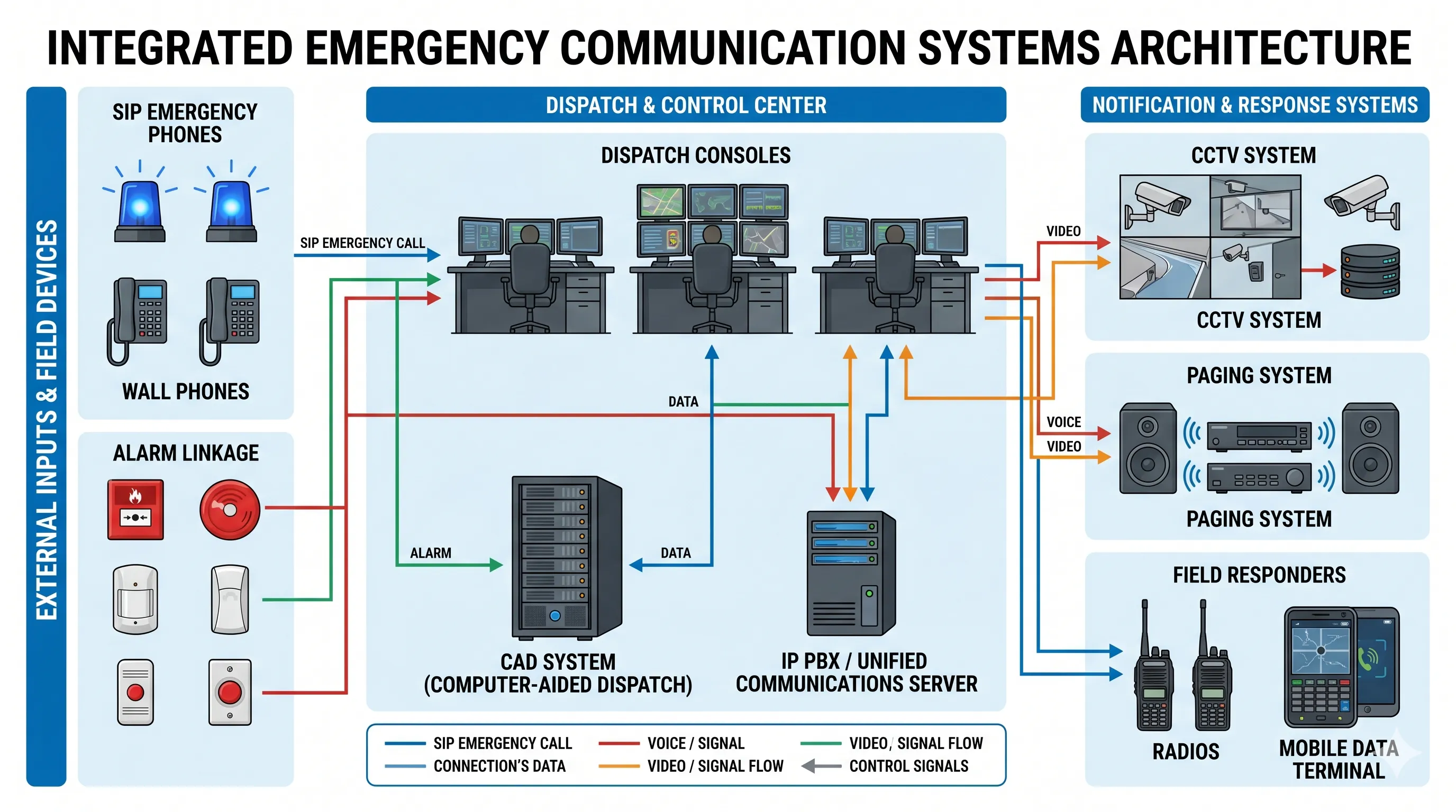CAD 시스템, SIP 비상 전화, IP PBX, 지령 콘솔, CCTV, 방송, 경보 연동을 연결하는 비상 통신 아키텍처