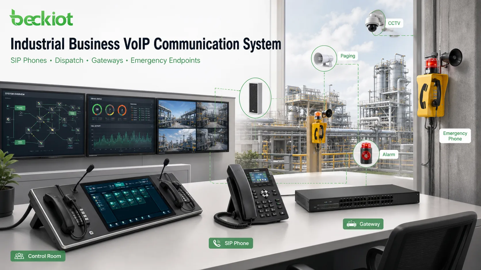 SIP 전화, 출동 콘솔, 게이트웨이 및 비상 단말기를 통합한 산업용 VoIP 시스템